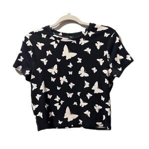 Wild Fable butterfly black white ribbed tee well loved crop